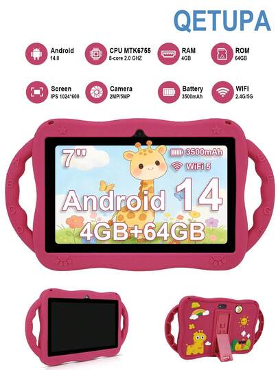  Qetupa 7-Inch Android 14 Children's Tablet ,Deer Design, Educational Kids Tablet With Shockproof Protective Case, MTK6755 Octa-Core 2.0GHz Processor, 4GB RAM + 64GB ROM, 1024*600 IPS Touch Screen, 2MP + 5MP Dual Camera,3500mAh Battery, Bluetooth, 802.11ac/WiFi5