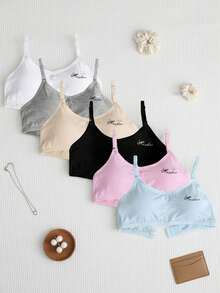 6-Pack Teen Girls' Training Bras With Removable Pads - Wireless Sling Crop Tops, Breathable Summer Undergarments For 13-18 Years Old - A - 查看 3