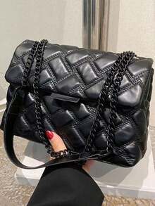 Dedoo Bolso de hombro de moda de alta calidad con textura simple y de colores, diseño de cuadrícula exquisito y elegante con correa de cadena, bolso multifuncional clásico y elegante para damas de oficina - Negro - Ver 9