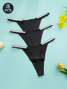3条装性感低腰丁字裤，透气柔软无缝女士舒适内裤，黑色 - 黑色 - 查看 5