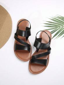 男女通用青少年平底凉鞋，罗马风夏季新款弹力带套脚休闲鞋，百搭沙滩度假凉鞋 - 黑色 - 查看 2