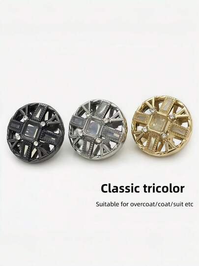 5 أزرار معدنية هندسية مرصعة بالماس فاخرة | إكسسوارات خياطة زخرفية أنيقة عالية الجودة للسترات والفساتين (ذهبي/فضي/أسود)