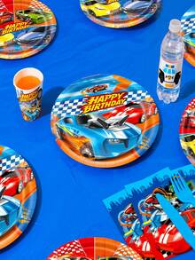 Juego de 10 piezas/Set de decoraciones para fiesta de cumpleaños con tema de autos, juego de vajilla desechable con patrón de autos de carreras que incluye platos, vasos, servilletas, adecuado para fiestas de cumpleaños con tema de carreras para niños - A - Ver 5