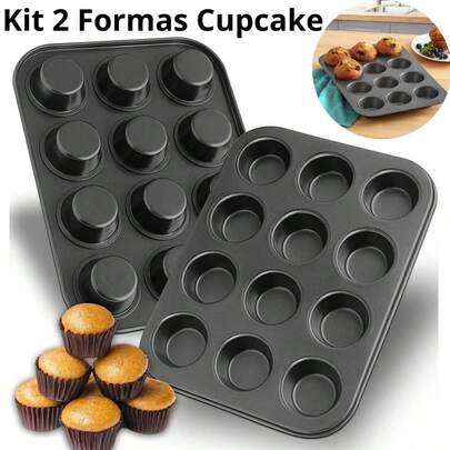 Kit 2 Formas Para Cupcake Bolinhos Pão de Mel E Queijo 12 Cavidades Antiaderente Grande Não Gruda