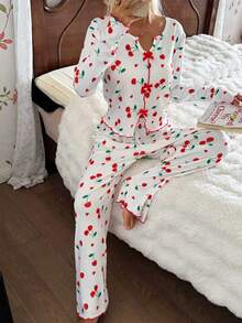 Spring & Autumn New Sweet Cherry Blossom Long Sleeve Pajama Set, Bow Tie Design + Ruffle Trim, Loose Breathable Sleepwear, Girly Home Outfit - White - View 2