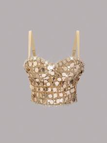 Áo hai dây hở lưng phối hạt và sequin kiểu dáng mới mùa xuân/hè, dây đeo có thể điều chỉnh, kiểu dáng corset phong cách châu Âu và Mỹ dành cho nữ, thích hợp mặc thường ngày. - Màu Khaki - Xem 4