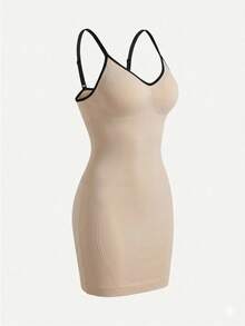 女士极简撞色滚边V领无缝修身吊带裙，可调节可拆卸细肩带，收腰提臀，塑造纤细腰腹曲线，提拉胸部，打造翘臀，打造流畅身形，适合日常、浪漫场合、派对、婚礼、产后恢复等多种场合，可单独穿着或搭配塑身衣。 - 杏色 - 查看 4