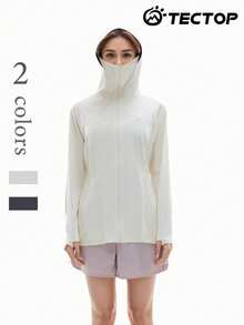 TECTOP Áo khoác chống nắng UPF100+ dành cho nữ, thoáng khí, thiết kế có mũ trùm đầu và dây rút, có lỗ xỏ ngón tay để bảo vệ mặt và tay, thích hợp cho mùa xuân/hè. - trắng - Xem 1