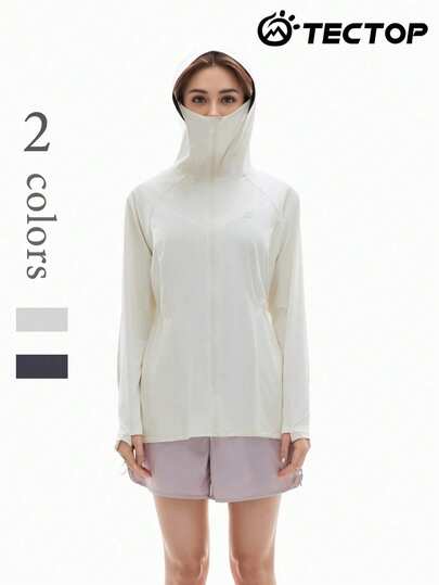 TECTOP 女士 UPF100+ 防晒外套，透气凉爽，带帽抽绳设计，拇指孔可保护面部和手部，春夏款