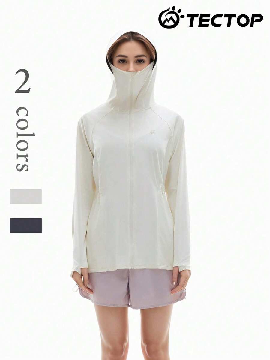 TECTOP Áo khoác chống nắng UPF100+ dành cho nữ, thoáng khí, thiết kế có mũ trùm đầu và dây rút, có lỗ xỏ ngón tay để bảo vệ mặt và tay, thích hợp cho mùa xuân/hè. - trắng - Xem 1
