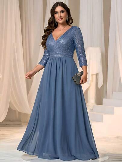 EVERPRETTY 大码V领亮片撞色雪纺浅蓝色晚礼服，适合正式婚礼宾客、毕业典礼、盛大晚宴等场合，也适合新娘母亲、情人节等场合穿着。