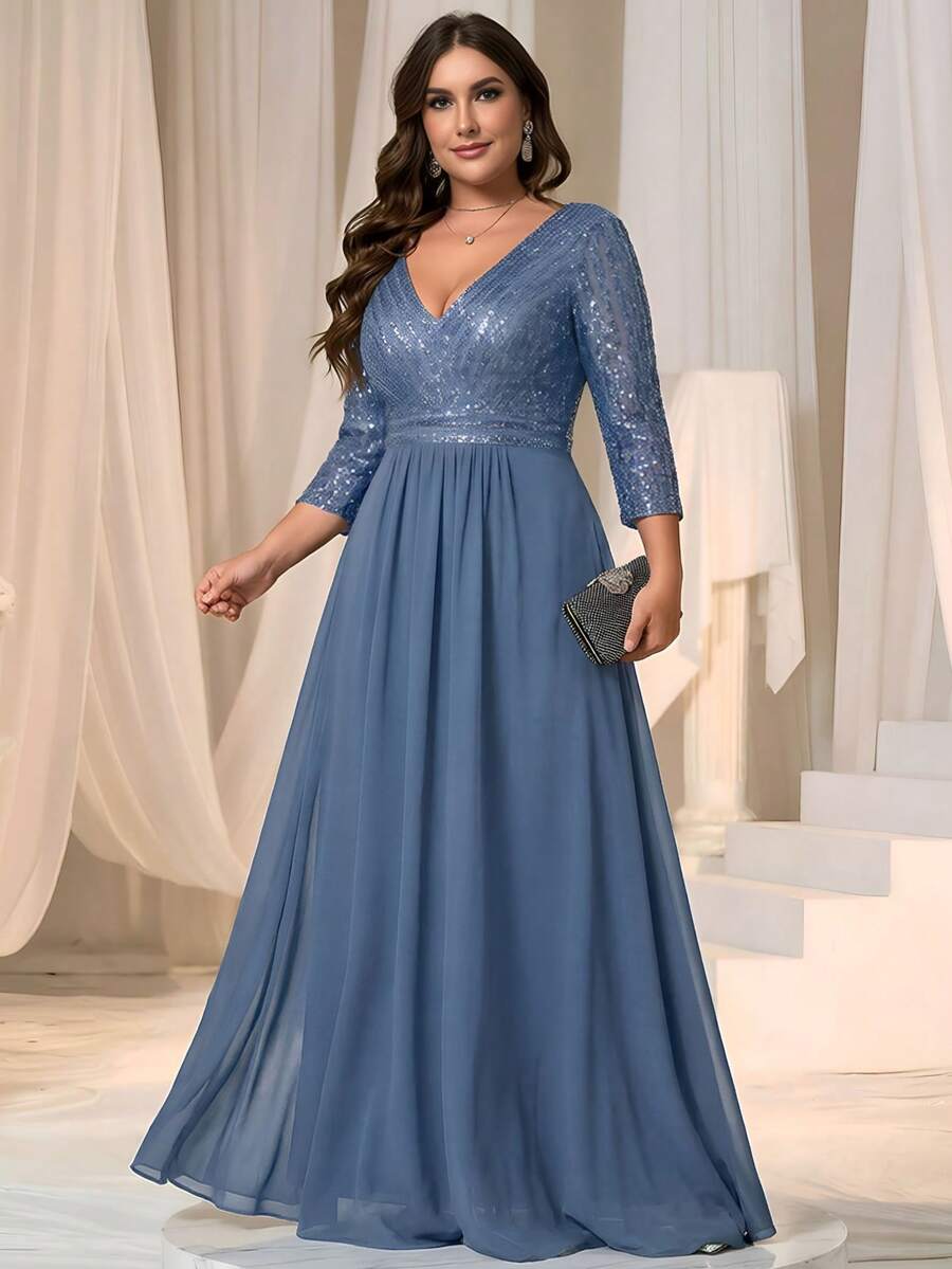 EVERPRETTY 大码V领亮片撞色雪纺浅蓝色晚礼服，适合正式婚礼宾客、毕业典礼、盛大晚宴等场合，也适合新娘母亲、情人节等场合穿着，春季魅力礼服之选。