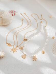 Set de 3 piezas de collar con cadena chapada en cobre con perlas, estrella de mar y concha, estilo bohemio, adecuado para mujeres en vacaciones de playa, citas, fiestas y uso diario - Collar de estrellas de mar y vieiras - Ver 6