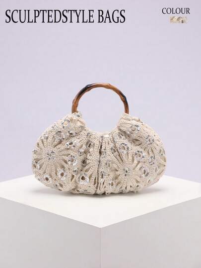 1 pieza Bolso de tela de bambú beige con diseño floral calado, bolso de mano de mujer de alta calidad con decoración de lentejuelas plateadas de moda, adecuado para la playa, vacaciones y viajes (el patrón floral se coloca aleatoriamente)