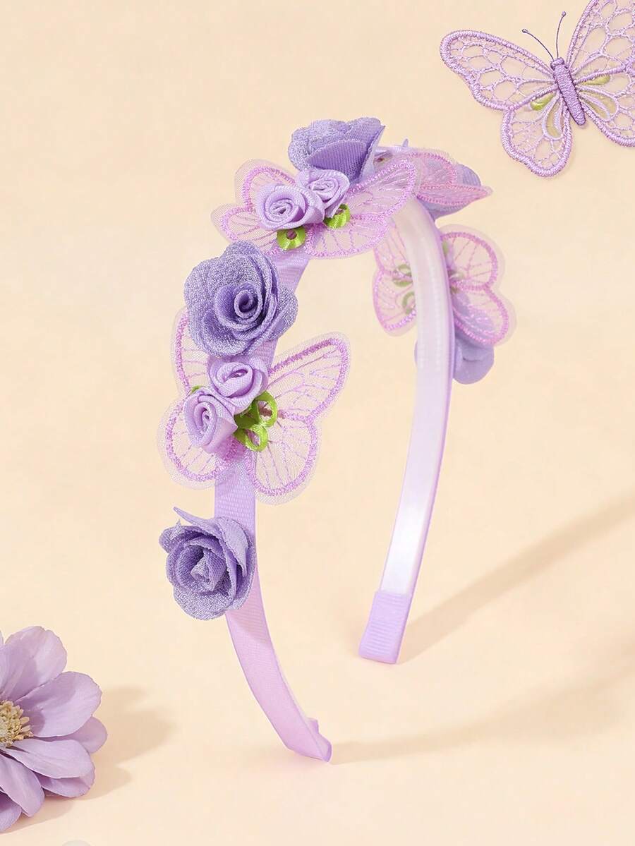 1件紫色花朵网纱蝴蝶发箍,适合女孩,精致发带,公主发箍,少女青少年发饰 - 紫色 - 查看 1