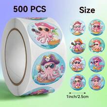 500pcs/Roll Octopus Pirate Pattern Stickers, 10 Assorted Designs, Christmas Gift Wrapping Labels, Scrapbooking Stickers, Planner Gift Wrapping, Paper Craft Decoration, Party Gift, Gift Box Decoration And Reward Stickers - Multicolor - View 1