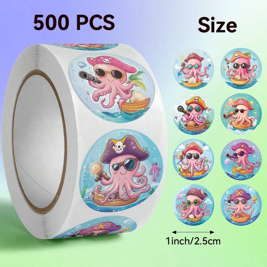 500pcs/Roll Octopus Pirate Pattern Stickers, 10 Assorted Designs, Christmas Gift Wrapping Labels, Scrapbooking Stickers, Planner Gift Wrapping, Paper Craft Decoration, Party Gift, Gift Box Decoration And Reward Stickers - Multicolor - View 1