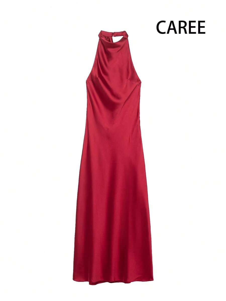 Women's Spring Summer French Style Sexy Satin Backless Halter Maxi Dress - Red - View 1