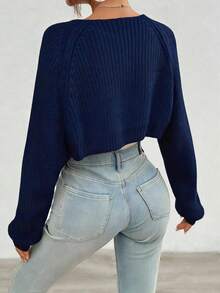 Casual Minimalist Solid Color Ribbed Knit Cardigan - Royal Blue - View 2