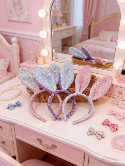 1pc New Cute Rabbit Ear Sequin Headband Hair Accessories, Women Hair Hoop Rabbit Ear Hair Clip
