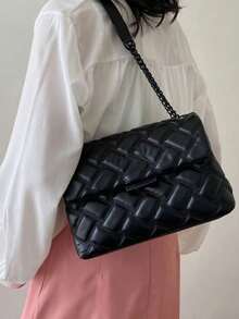 Dedoo Bolso de hombro de moda de alta calidad con textura simple y de colores, diseño de cuadrícula exquisito y elegante con correa de cadena, bolso multifuncional clásico y elegante para damas de oficina - Negro - Ver 5