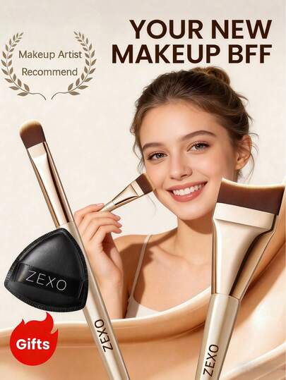 2支粉底刷套装，超薄扁平刷头，斜角新月形底妆刷，韩式遮瑕扁平刷头，液体粉底刷，高品质PBT纤维刷毛，浓密刷毛，化妆刷套装，化妆刷套装，化妆刷套装，全套化妆工具，化妆刷套装，化妆刷套装，化妆礼品套装，赠品，专业化妆刷，全套化妆工具