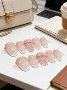 10片装3D蝴蝶结假指甲，手工制作，可佩戴，日式裸粉色渐变美甲，可移除短指甲贴纸 - 彩色 - 查看 10