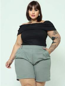 Bermuda Feminina Plus Size Alfaiataria Cintura Alta com Elástico e Bolsos Confortável Elegante G1 ao G3 - Cinza - Visão 9