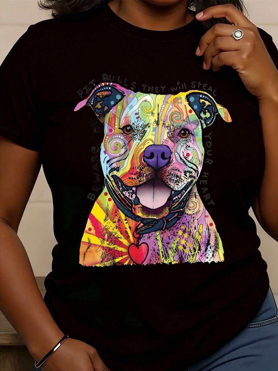Mother's Day Women's T-Shirt Pit Bull Dog Art Print Casual Round Neck Short Sleeve T-Shirt Colorful Animal Design Comfortable Soft Fashion Elegant Machine Washable,Perfect For Mother's Day,Perfect Gift For Mom And Grandma,Holiday Patterned Women's Top - 黑色 - 查看 1