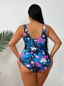 Plus Size Women Floral Print Backless One-Piece Swimsuit Vacation Beach - Multicolor - View 5