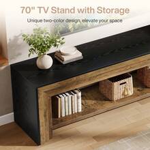 LITTLE TREE 70" TV Stand For 65/70/75-Inch TVs, Farmhouse Long Entertainment Center With Open Storage Shelves, Low Media Console, Wooden Television Stand For Living Room, Bedroom, Rustic Brown & Black - Rustic Brown & Black - 查看 4