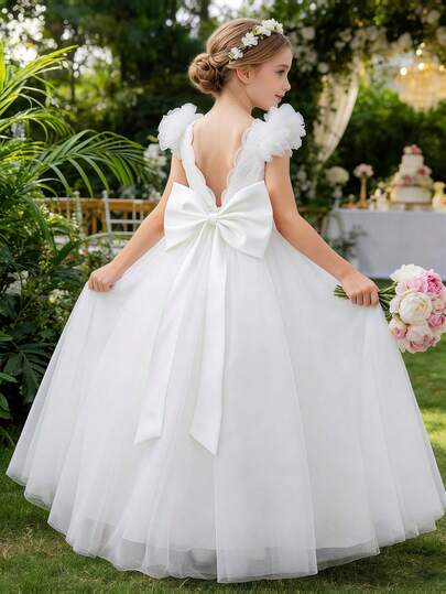 Vestido elegante de princesa con cuello en V bordado, mangas acampanadas de malla, decoración de lazo, adecuado para fiesta de cumpleaños, baile, boda, vestido de dama de honor de niña preadolescente