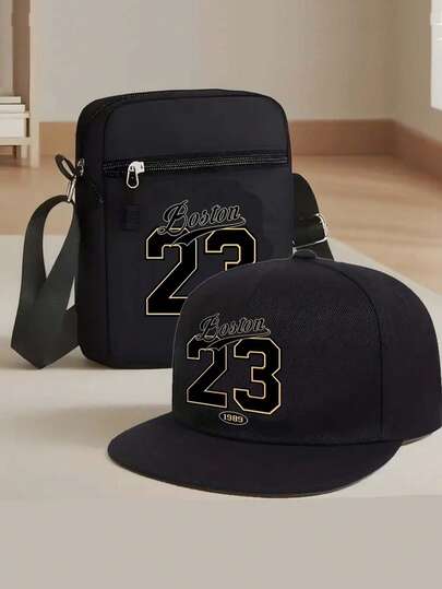 1顶/2顶波士顿城市字母印花男女通用平沿休闲棒球帽及斜挎包套装，街头时尚户外运动帽及单肩包，可调节，送给自己或朋友的绝佳礼物