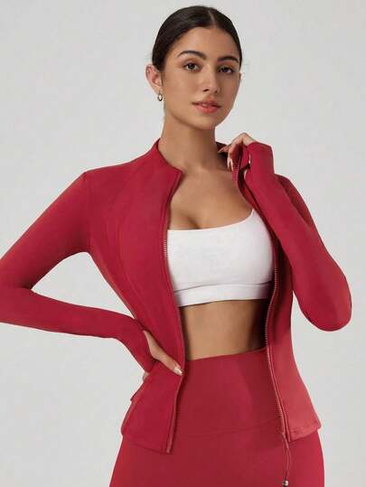 Chaqueta deportiva con cremallera completa y cuello alto de unicolor para mujer, top de manga larga ajustado con ojales para el pulgar, ropa exterior casual transpirable para el hogar, uso diario y al aire libre, ropa deportiva de moda simple para mujeres de todas las edades en primavera y verano