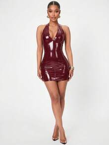 女士圣诞氛围柔软羊毛内衬皮革迷你连衣裙，舒适通勤圣诞连衣裙，柔软皮革连衣裙，圣诞派对连衣裙，优雅红色圣诞连衣裙 - 酒紅色 - 查看 4