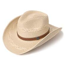 1 pieza Sombrero de paja estilo vaquero clásico minimalista bohemio con hebilla de costura marrón, adecuado para hombres y mujeres, playa, fiesta en el campo, protección solar - sombrero de paja - Ver 13