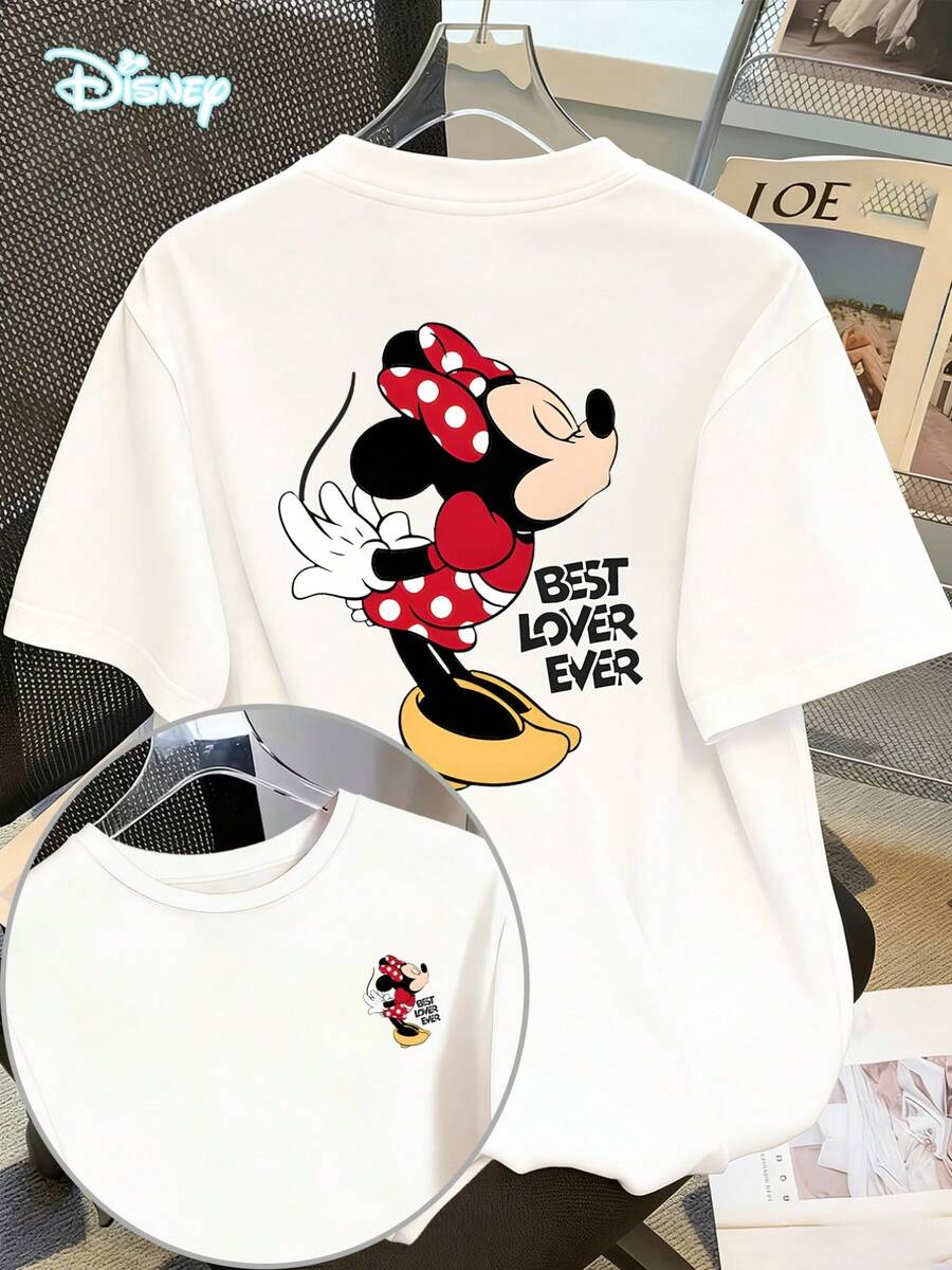 Disney Minnie Mouse "Best Lover Ever" Oversized T-Shirt: White Loose Fit Cotton Tee With Double-Sided Couple Graphic, Perfect For Couples, Date Outfits And Disney Fans, Ideal Gift - White - View 1