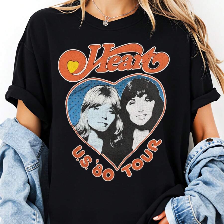 2026 Modern Fit Fun Heart Band U S 80 Tour Vintage Rock Music T Shirt Black Graphic Print Women Casual Wear Gift Class T Shirt Fashionable Everyday Outfit Holiday Style 100% Cotton 1PC 180g - Black - View 1