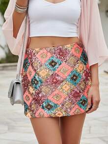 Women Summer Fashion Bodycon Sequin A - Line Mini Skirt For Party, Vacation And Streetwear - Hồng - Xem 2