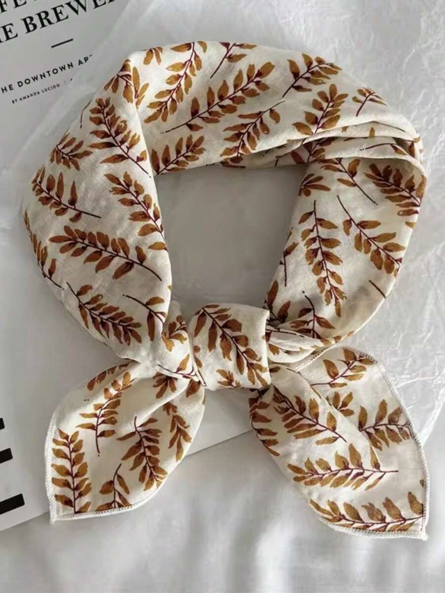 Beige Leaf Pattern Silk Scarf, Versatile Small Square Scarf, Cartoon Design, Fashion Accessory For Neck/Head Wrap, Warm And Decorative,Beach,Holiday - Beige - View 1