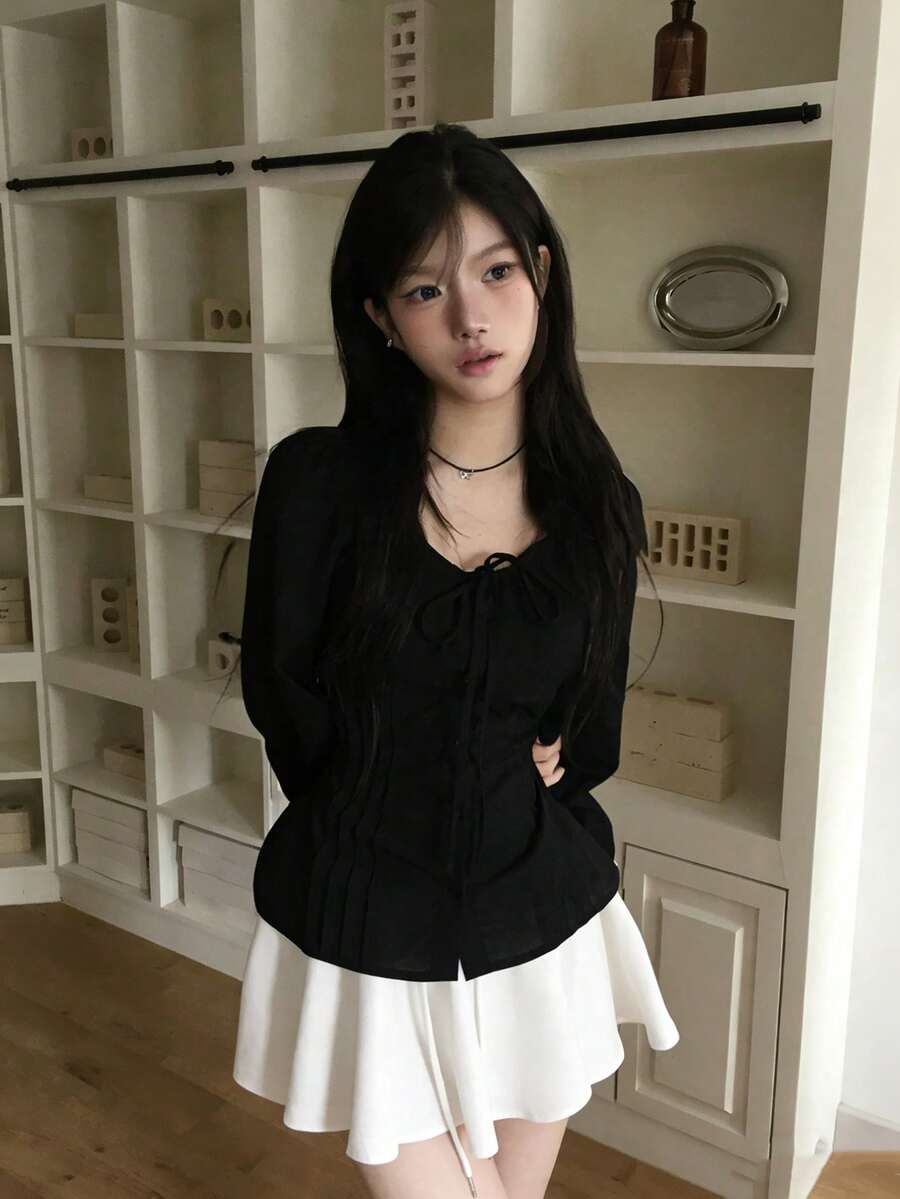 韩式甜美法式女式衬衫,修身款,适合秋冬季节穿着,黑色 - 黑色 - 查看 1