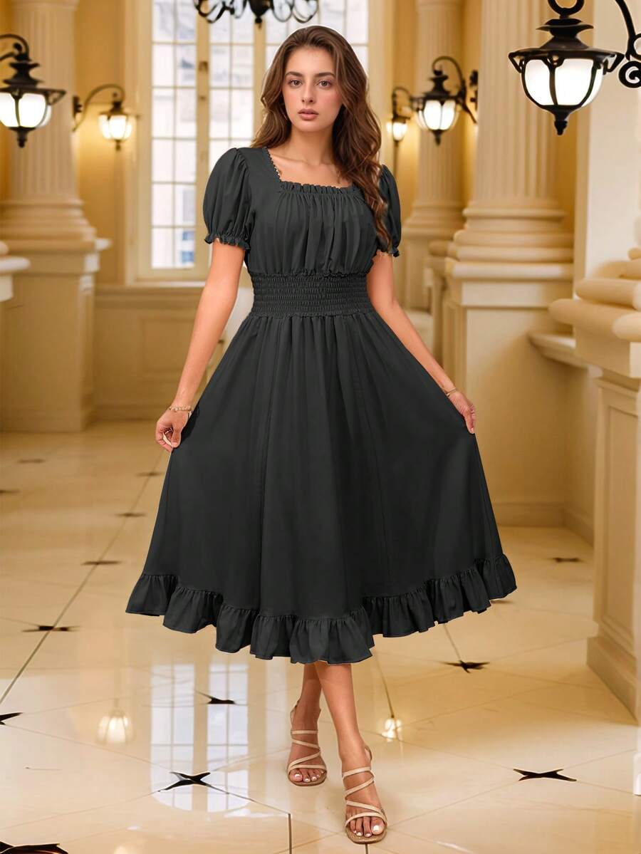 French Countryside Style Square Neck Puff Sleeve Women's Dress, Elastic Waist Ruffle Hem Mid-Length Dress, Cinched Waist Reversible Dress Suitable For Daily Wear/Party - Black - View 1