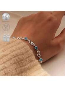 1pc Minimalist & Fashionable 925 Silver Cubic Zirconia Heart Geometric Bracelet, Suitable For Women, Ideal For Vacation, Party And Music Festival - Silver - View 1