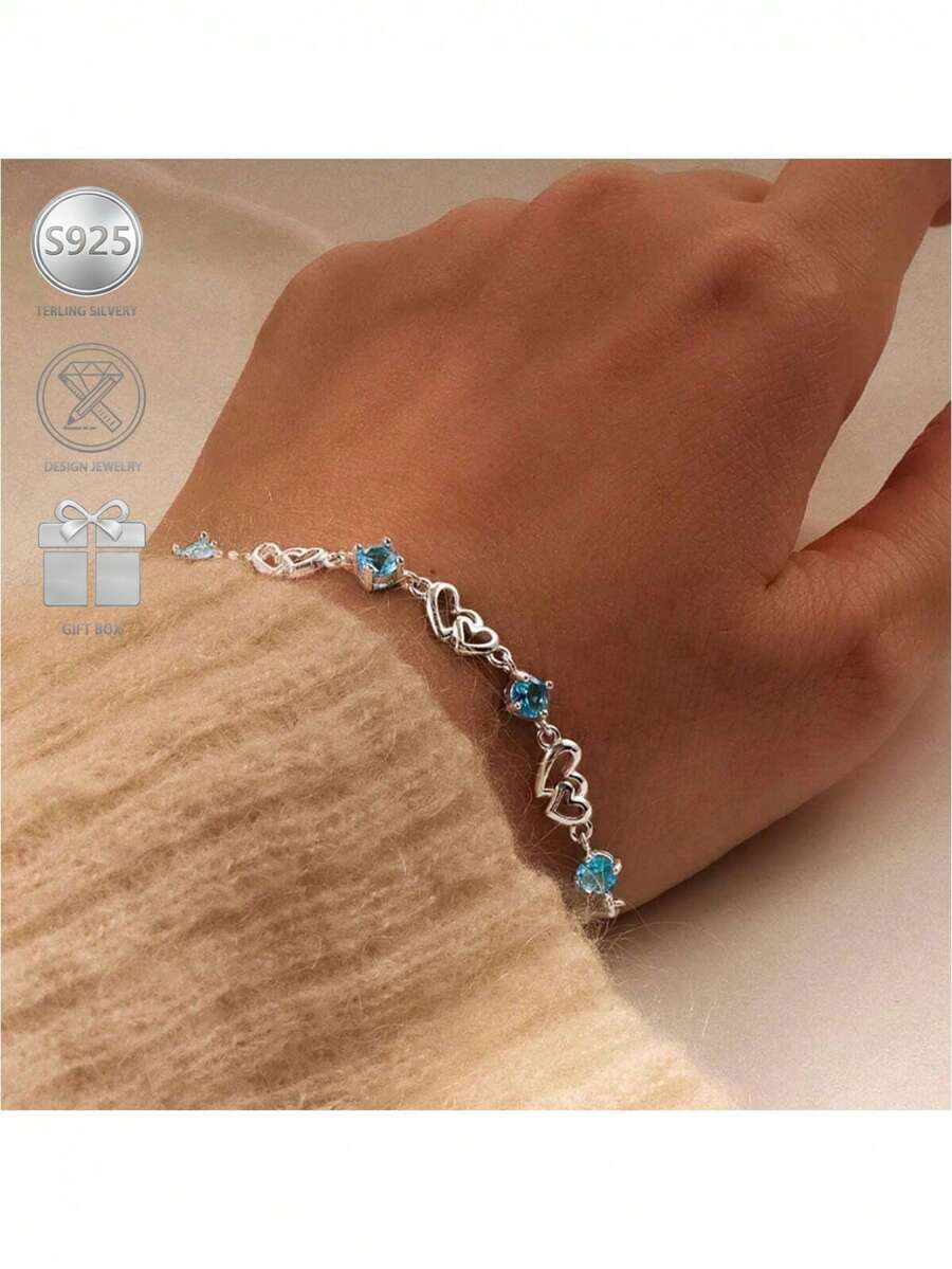1pc Minimalist & Fashionable 925 Silver Cubic Zirconia Heart Geometric Bracelet, Suitable For Women, Ideal For Vacation, Party And Music Festival - Silver - View 1
