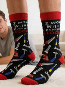 1 双男士黑红撞色工具图案及趣味文字中筒袜，休闲百搭，适合所有季节 - 彩色 - 查看 3