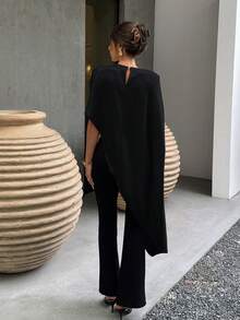 Satin Asymmetric Hem Puff Sleeve Elegant Blouse, Suitable For Party, Date, Formal, Vacation Wear, Black Summer - Black - View 7