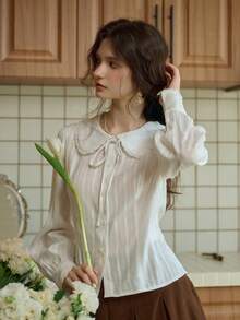 Women's Rayon Peter Pan Collar Long Sleeve Blouse With Tie Detail, Regular Length Top - White - View 3