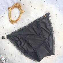 European And American Leopard Print Ice Silk Panties For Women, Sexy Low-Waist Hollow Design With Metal Ring Buckle And Thin Straps, Black And White - 黑色 - 查看 3