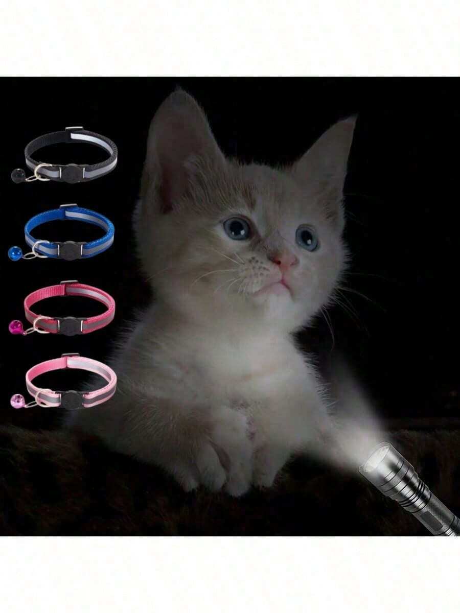 1 pieza/2 piezas Collar reflectante para gato con campana - Collar de nailon ajustable para mascotas, visible por la noche (El producto en sí no brilla, la tira reflectante reflejará la luz cuando se exponga a una fuente de luz por la noche) - Multicolor - Ver 1