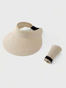 可调节空顶草帽，新款夏季时尚男女通用防紫外线可折叠宽檐遮阳帽，休闲百搭波西米亚复古街头优雅风格，涤纶面料，春夏款 - 草帽 - 查看 3